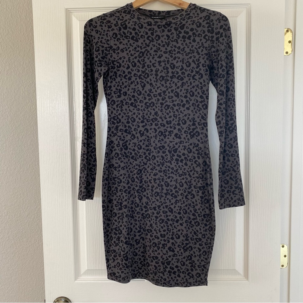 Carbon 38 Women's Gray/Black Leopard Ribbed Dress Small Bodycon Long Sleeve